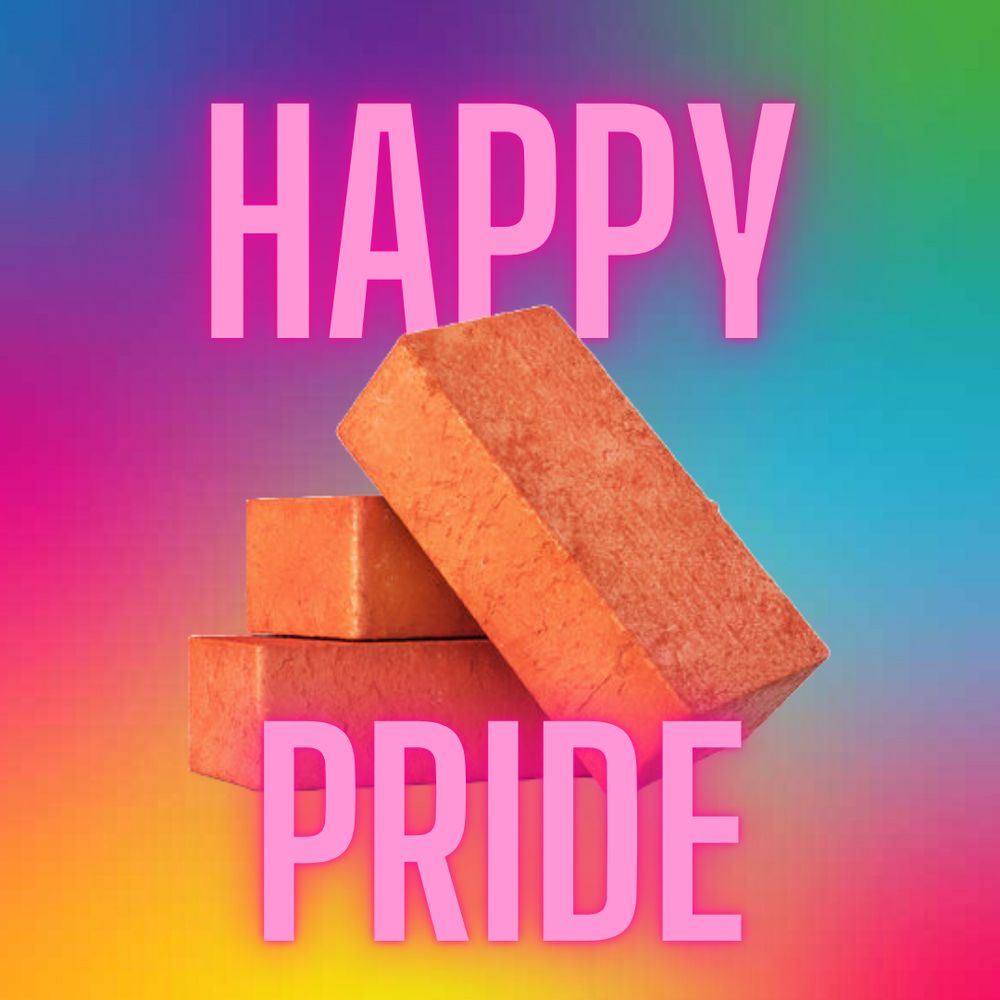 Rainbow graphic with bricks in the center and neon letters saying happy pride