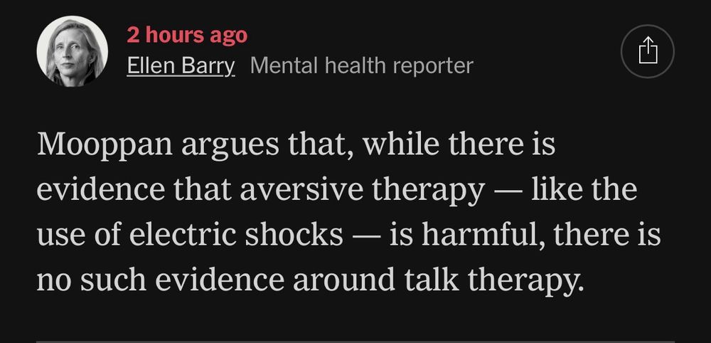 2 hours ago
Ellen Barry Mental health reporter
Mooppan argues that, while there is evidence that aversive therapy - like the use of electric shocks — is harmful, there is no such evidence around talk therapy.
