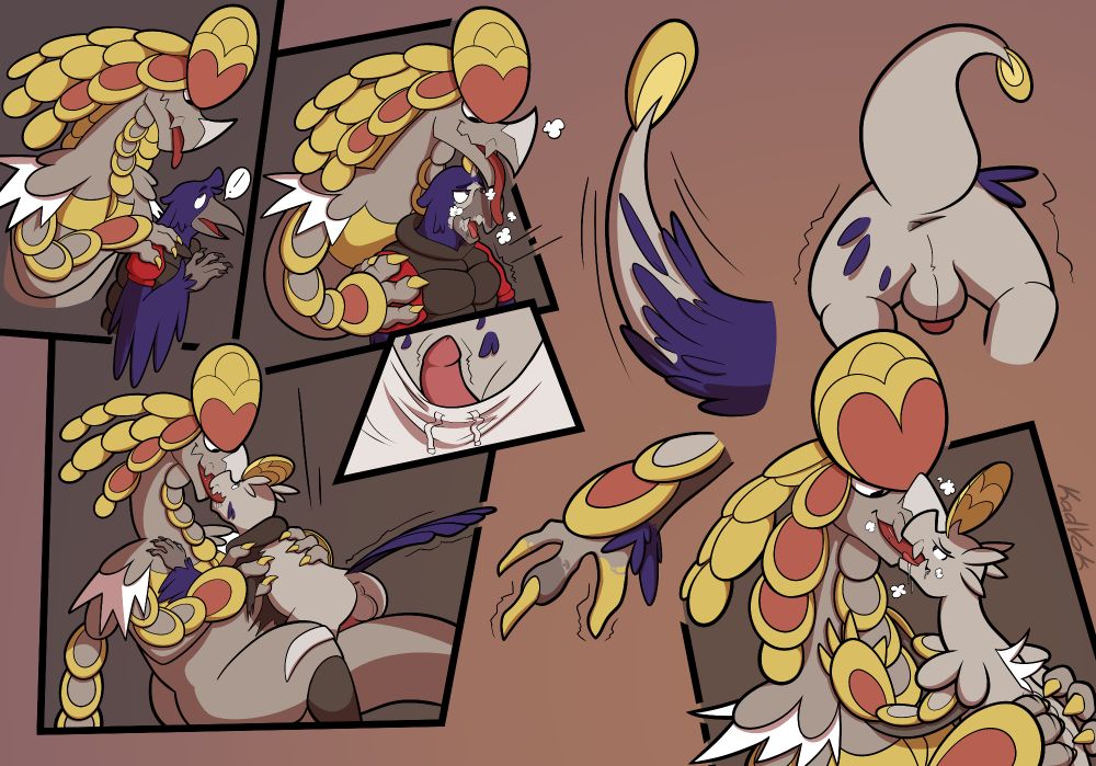 Digital comic page depicting an anthropomorphic crow being turned into a Hakamo-o by a Kommo-o. They proceed to have sex.
