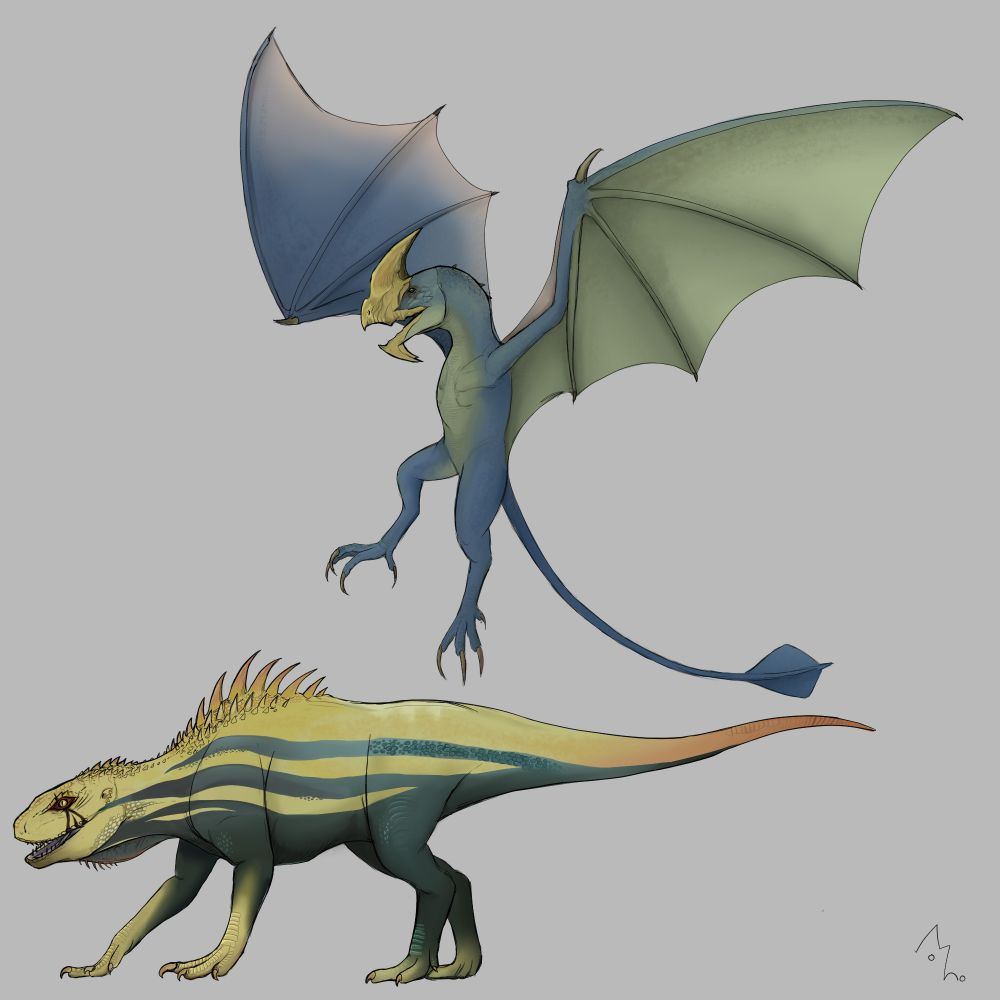 Drawings of Jagras and Mernos, from Monster Hunter: World.