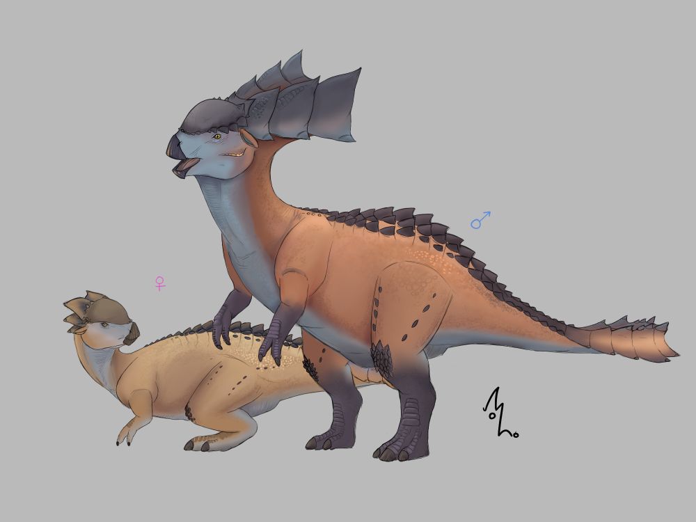 Drawing of a pair of Kestodon, one male and one female, from Monster Hunter: World.