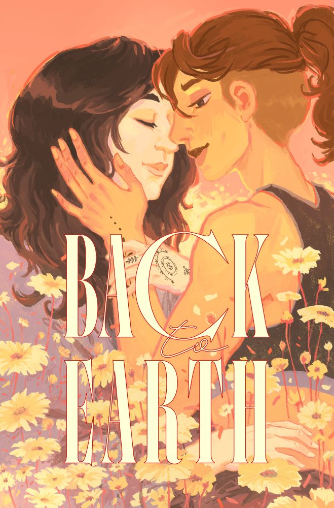 Variant cover of Back To Earth by Natasha Alterici. Sasha and Leora are sharing a soft moment where Leora gently brushes her hand on the side of Sasha’s face who has her eyes close. They are surrounded by flowers abd pastel colors.