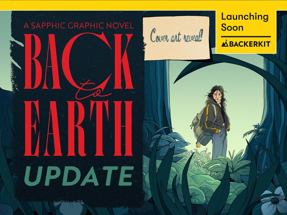 Back To Earth Update Cover Art Reveal. Cover by Kej. A woman with dark hair, comfy/tactical clothing, and a backpack with a small star keychain is looking reflectively around her at the lush vegetation she wasn’t used to see before The Fall.