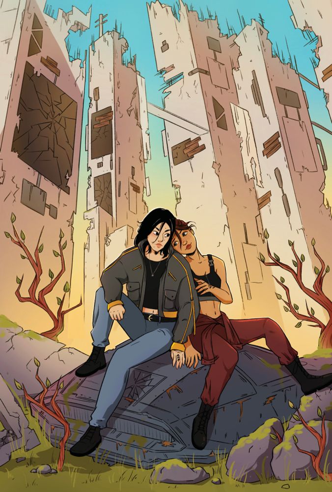 Emilia Strilchuk exclusive print. Two women are sitting atop the remains of a futuristic looking car in front of a destroyed building from which some seedlings, moss, and vegetation can be seen growing again. One of the women is leaning onto the other as if to give her comfort. 