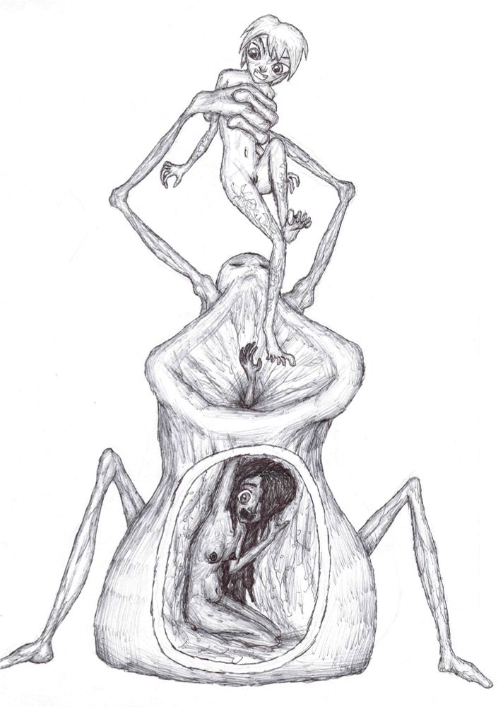 A cutie getting vored by a monster while another makes a futile effort to escape the confines of its stomach