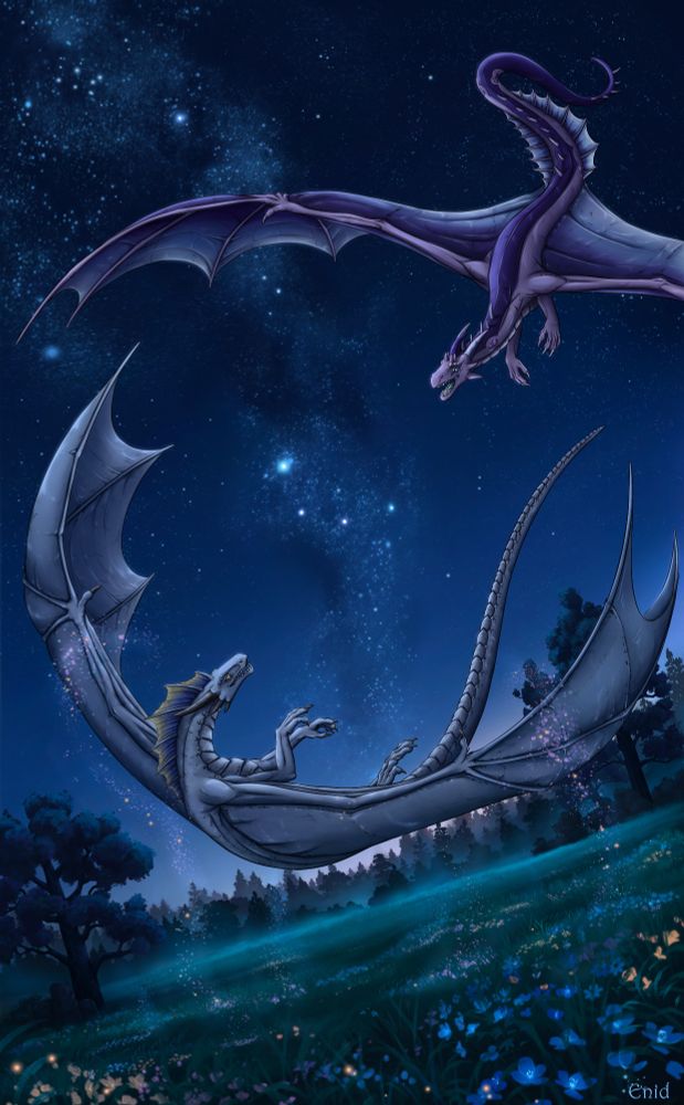 A world of light and open space. This is where they open wings. A dragon's realm, where freedom sings.

Here they will soar and dive. Stars glinting off scales, alive. All the trees and animals witness. The passage of two dragonesses. Dear friends who are true. They love each other and they'll love you. Each are friends, through and through.

One who lives in the deep below. One who flies, through rain or snow. They share a dance together, swirling in the air. Their hearts beat strong and they are fair.

And it came to pass, their lights grew bright. A faith in truth, not their own might. A hope for better times and peaceful word. A hope for others to look heavenward.

The sky above will tell their tale. If one will listen from whence they hail...

Enid hit it out of the park...
Thanks for taking this with me, Io.~