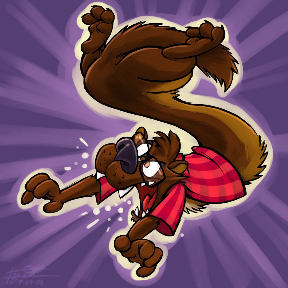 A brown cartoon mink wears a red plaid shirt and glasses, while angrily contorting into an S shape, teeth barred.
