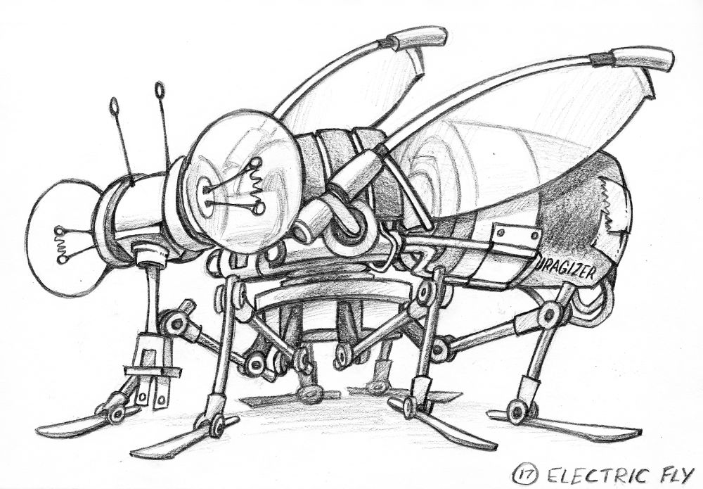 A robotic fly, with lightbulbs for eyes, tiny mechanical legs, a large battery for an abdomen, electrical plug for tongue, and other wires and electrical doodads.