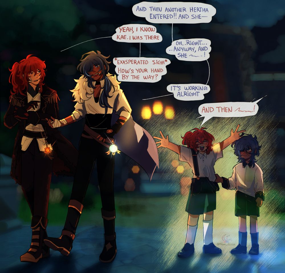 The night of the festival and Kaeya is just storytelling the whole event to someone who was literally on the front row when it happened(funny how a young Diluc used to do that too, Not very different from the older brother huh.)

Kaeya: And then another Hertha entered!! and she--

diluc: Yeah, I know Kae, I was there.

Kaeya: oh...right...anyway, and she....

Diluc: "exasperated sigh* How's your hand by the way?

Kaeya: it's working, alright!

Flashback Diluc: AND THEN--!!