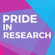 The pride in research logo. The words are in white font on a pink, purple and blue background.