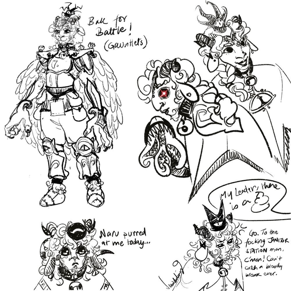 A sketchpage for Bak: including a full body illustration of them in crusade gear and gauntlets; Bak snapping at a follower to clean up poop ("go to the fucking janitor station man C'mon!"); Bak doing shenanigans with their Red Crown - one mellow, one super angry; Bak melting in adoration because "Naru purred at me today..." with the Crown draped around them in its serpent form.