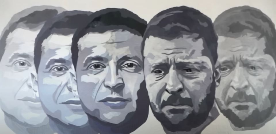 A quilt depicting images of President Volodomyr Zele sky of Ukraine