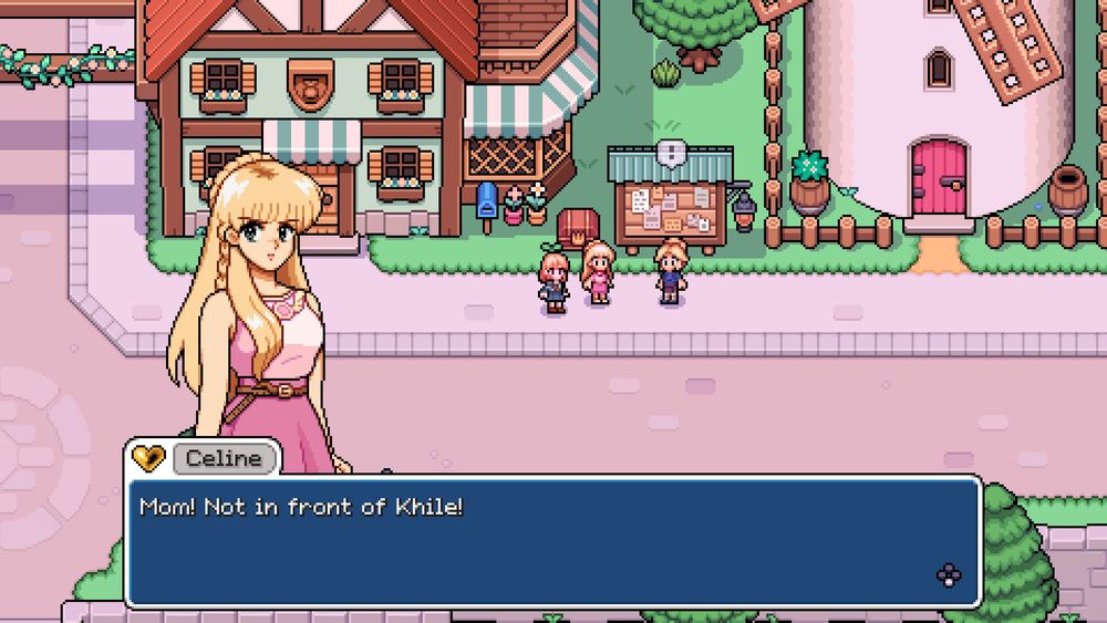 Screenshot of my farmer going up to Nora and Celine talking in front of the request board. Celine has a stern expression and the textbox reads "Mom! Not in front of Khile!"