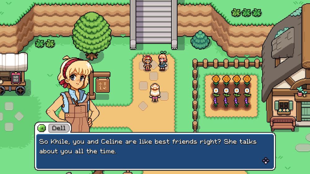 Screenshot from Fields of Mistria where Dell, Celine, and my farmer are having a conversation. This screenshot is of Dell and reads "So Khile, you and Celine are like best friends right? She talks about you all the time."