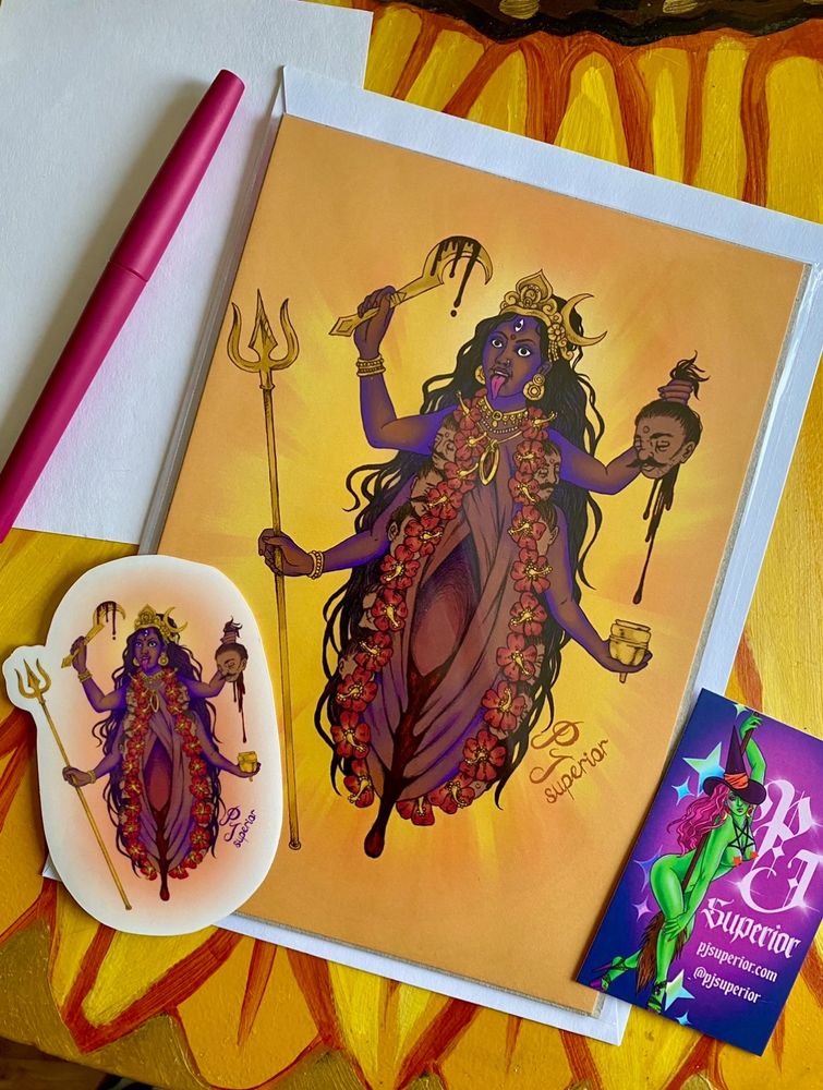 Kali vulva goddess altar art print by PJ superior bring packaged with matching sticker and business card for international shipping
