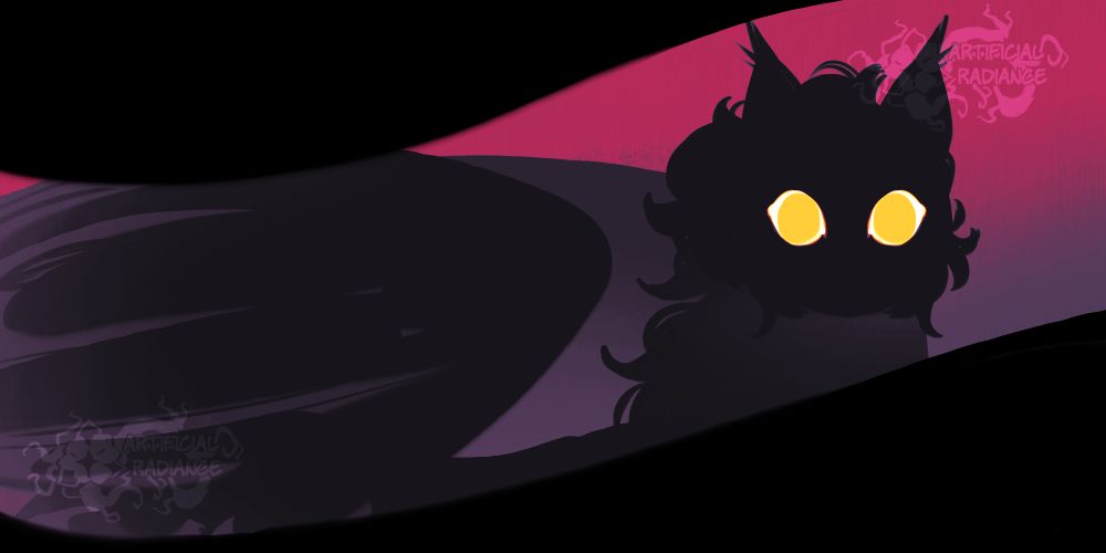 A banner image featuring a mythical sphinx on a pink-to-purple background. It is staring at the camera and has bright golden eyes.