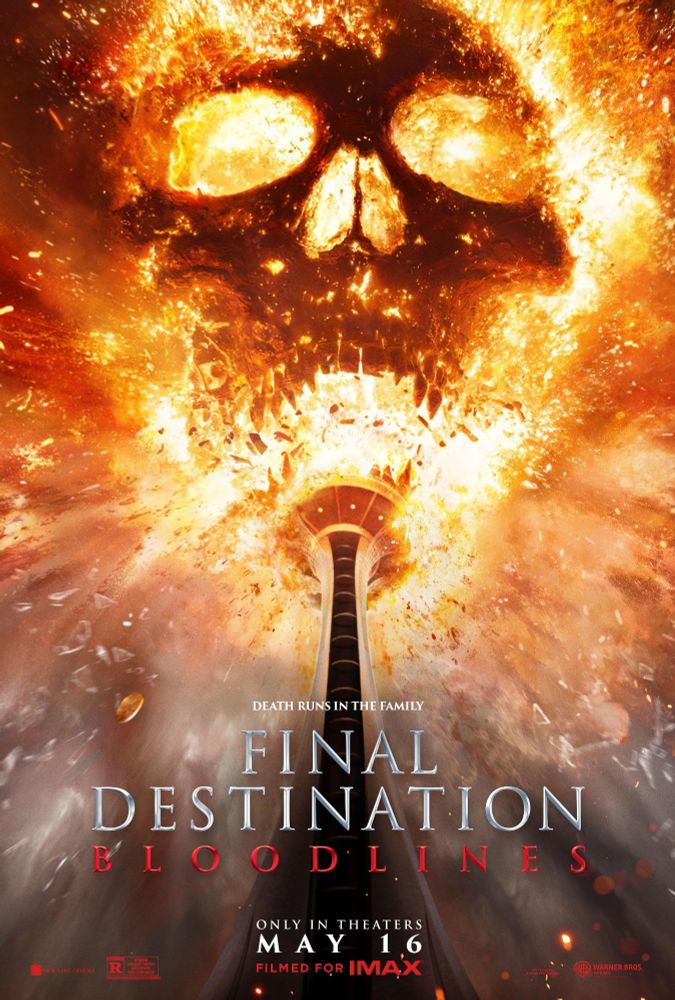 Movie poster for Final Destination Bloodlines, a picture of a burning skull behind what appears to be a tower like building. Along the bottom in small text is the release date, May 16th.