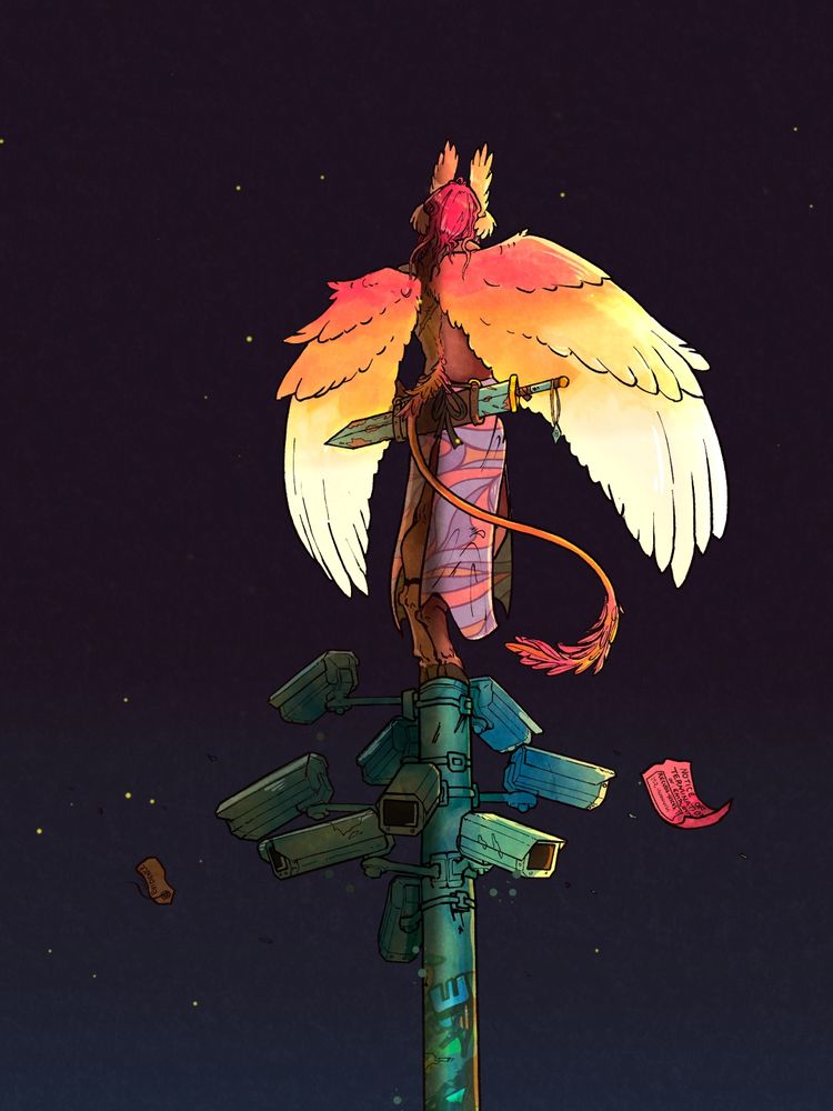 An angel like man is standing on a cctv camera tree, a pink slip with his name floating by. He is from the comic Synexn.city 