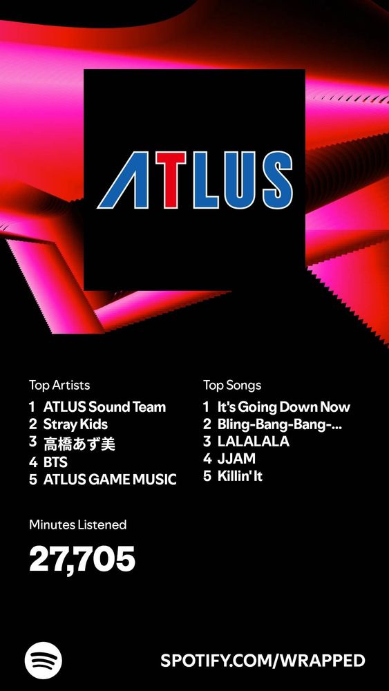 My Spotify Wrapped 2024
Top Artists:
1 - ATLUS Sound Team
2 - Stray Kids
3 - Idk but it's in Japanese
4 - BTS
5 - ATLUS GAME MUSIC

Top Songs:
1 - It's Going Down Now in Persona 3 Reload 
2 - Bling-Bang-Bang-Bang-Boom by Creepy Nuts
3 - LALALALA by Stray Kids
4 - JJAM by Stray Kids
5 - Killin' it by P1Harmony