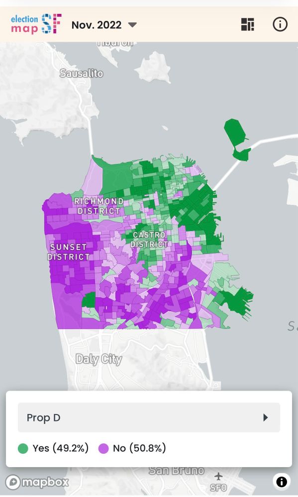 A map of the November 2022 Prop D election results. There is a distinct split between the southwest (voting no) and northeast (voting yea) halves of the city. It failed with 49.2% of the vote.