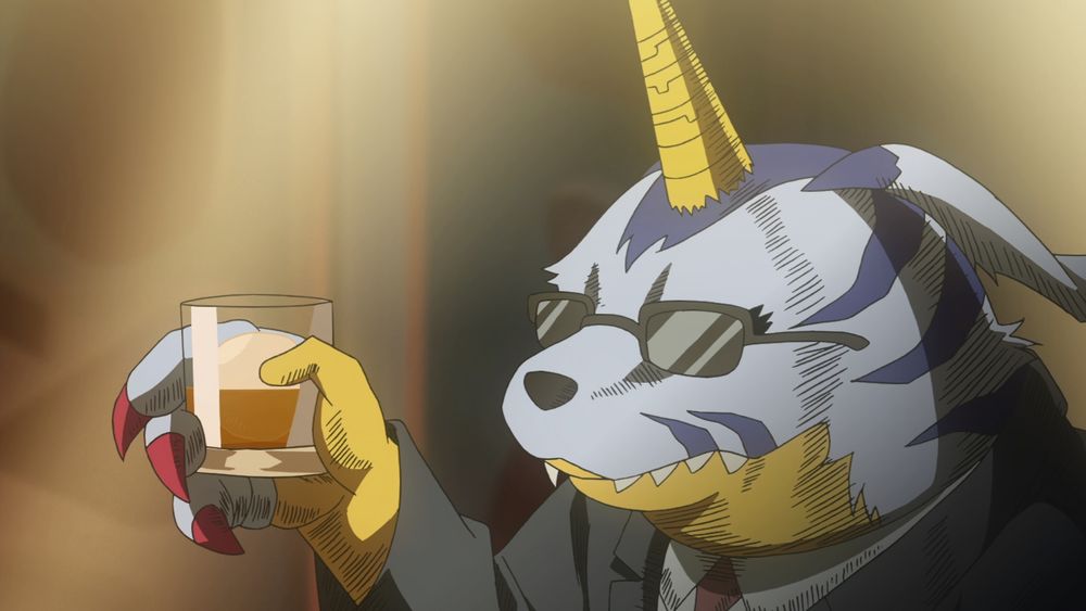 Gabumon wearing a suit and shades with a glass of whiskey in his hand