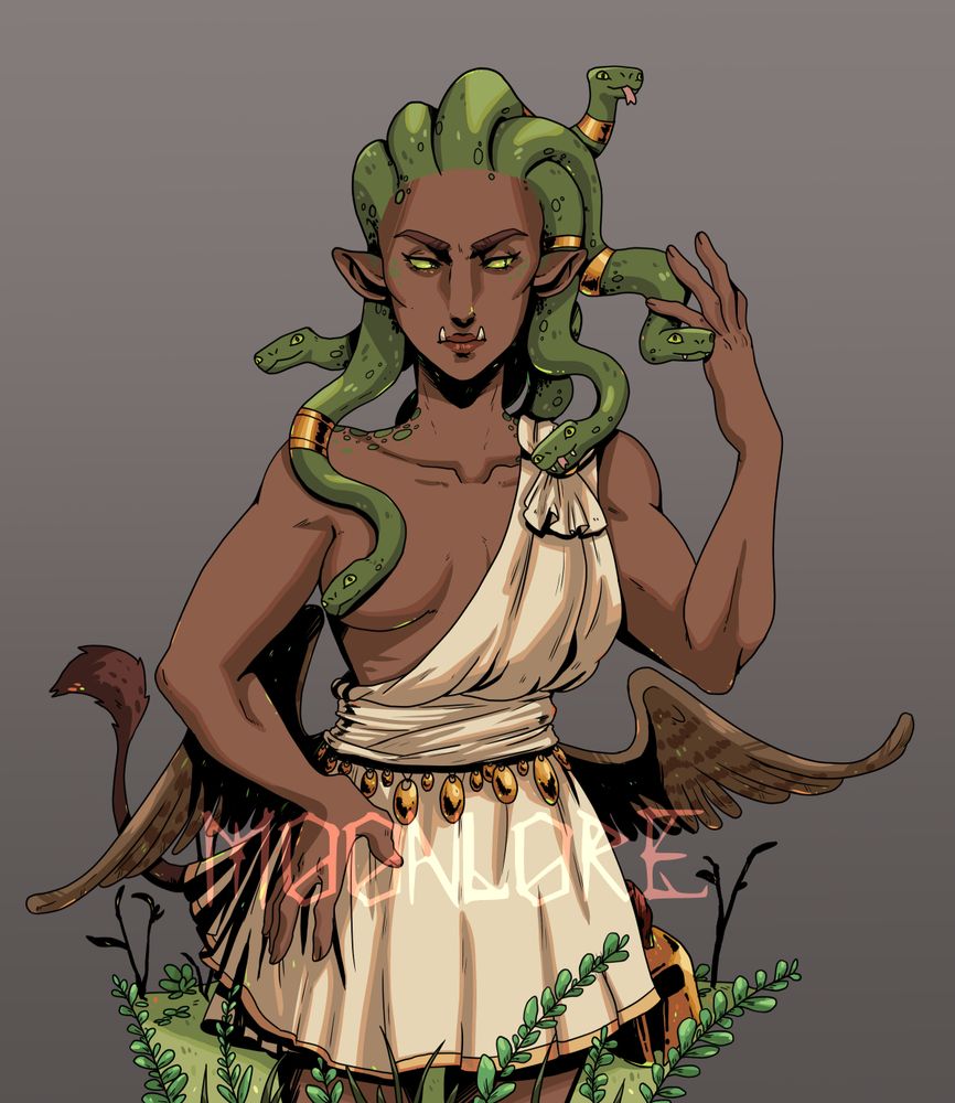 Gorgon woman in the style of the Hades games by Supergiant Games. Her exposed breast is censored by one of her head snakes. She is shown more like a traditional gorgon, with fangs, little wings and a boar tail, as well as the usual hair of snakes.