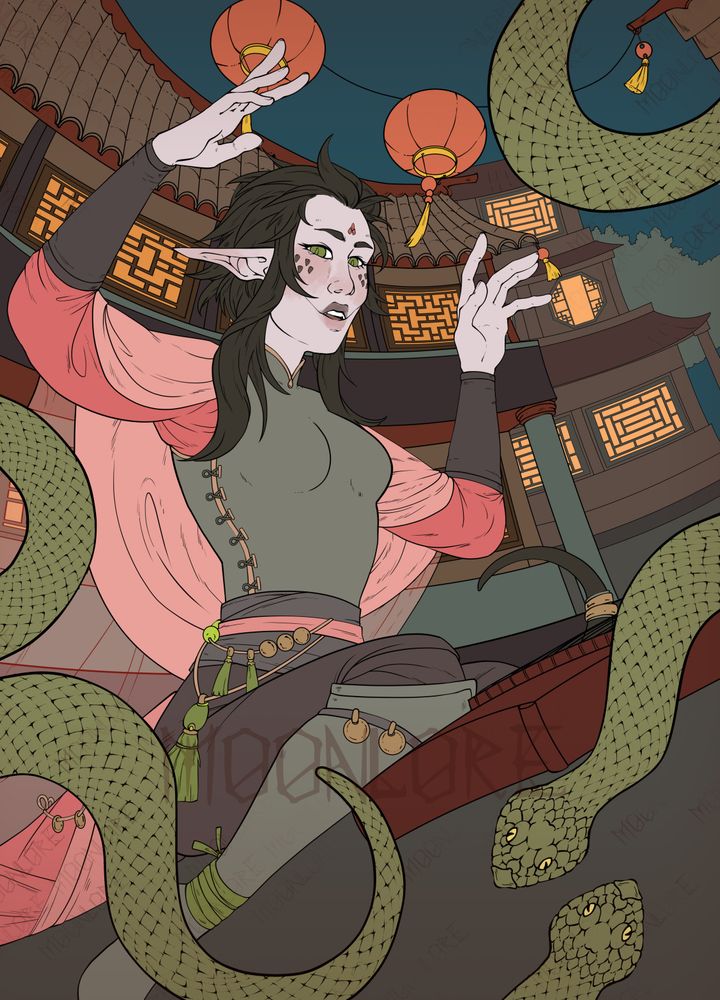flat coloured image of a yuan-ti bard with east asian features, playing a guzheng, surrounded by snakes