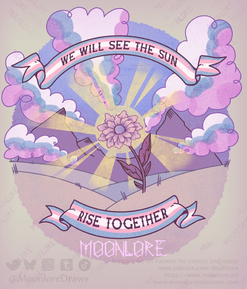 graphic image depicting a pink flower in a field, with mountains in the distance and sun rays beaming from behind the flower. There are clouds in the sky with white, pink and blue colouration. Over the image are two banners, the top one reading "We will see the sun" and the bottom one reads "Rise Together" 