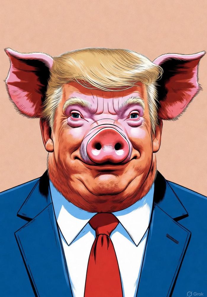 Cartoon of Tr#%%^p as a pig, his real self.