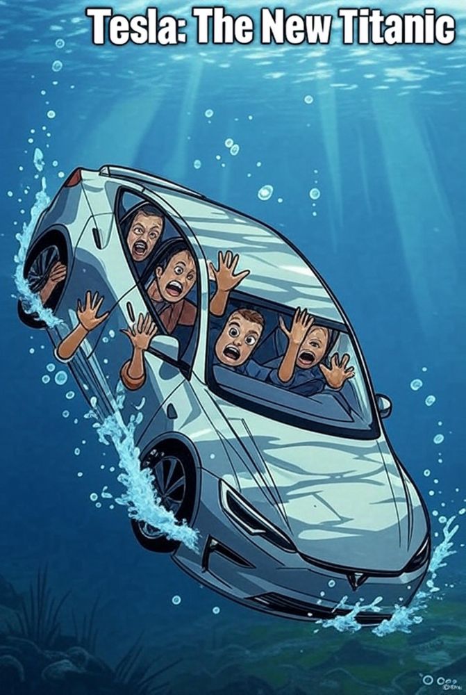 A Tesla sedan going under with panicking passengers on board, titled as Tesla, the new Titanic.