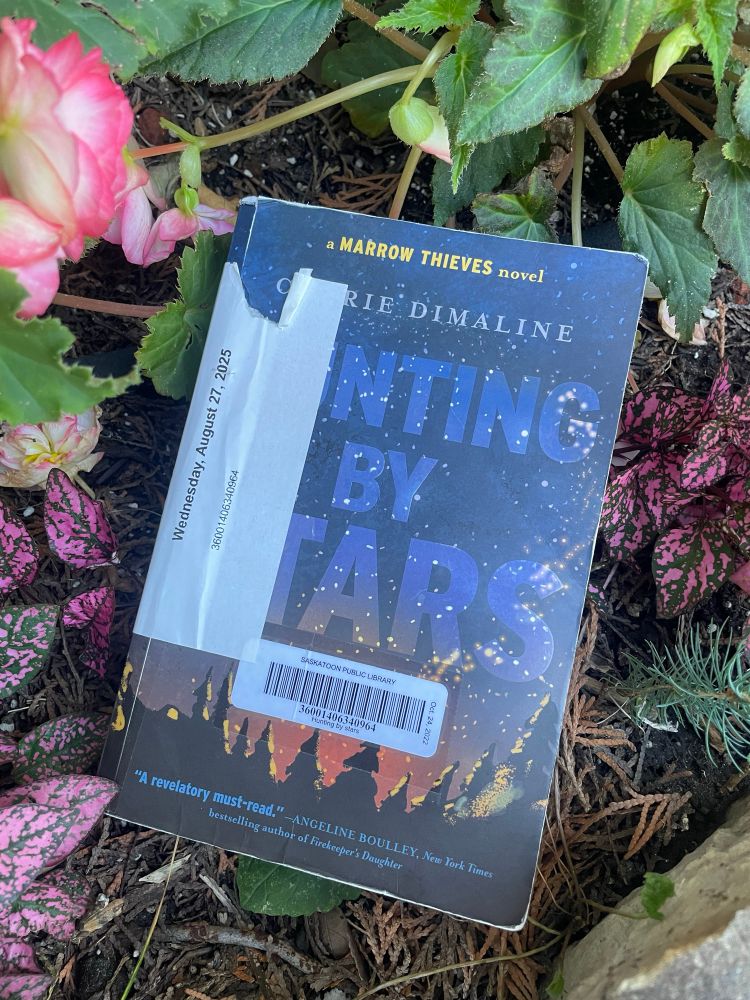Paperback copy of Hunting by Stars by Cherie Dimaline laying amidst plants 