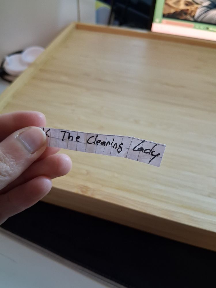 Foto einer Hand die ein Streifen Papier hält, darauf steht "the cleaning lady" 