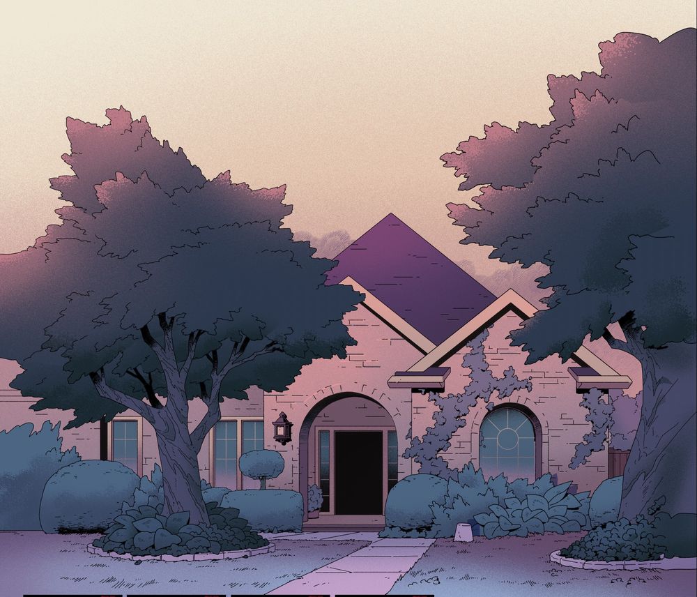 Painting of a suburban house from Jentry Chau vs the Underworld. Paints by Bryan Wong, design by Leonard Hung