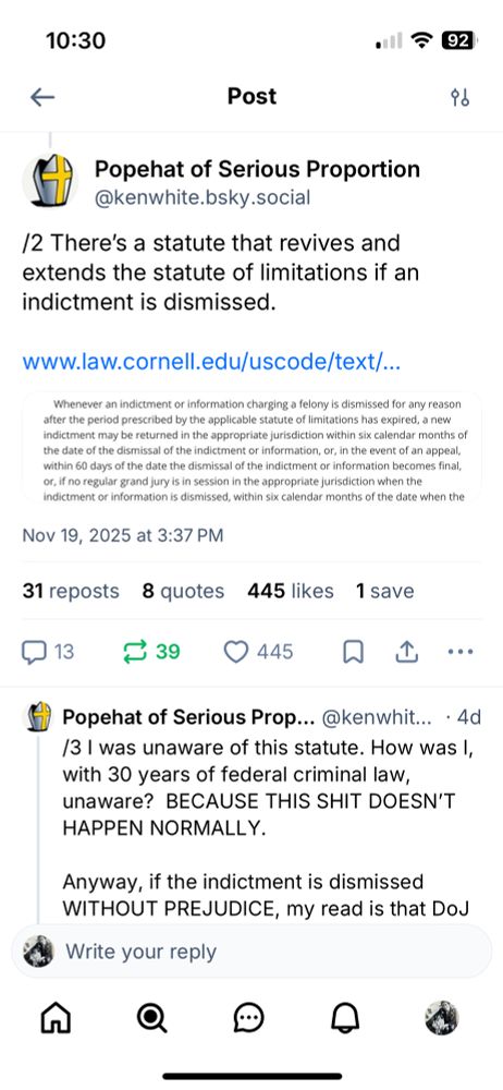 Screenshot from Popehat’s explanation that a statute exists that might allow renewing the Comey indictment even though the statute of limitations applies. 