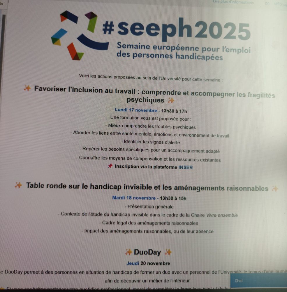 Photo d'un mail sur la semaine européenne pour l'emploi des personnes handicapées avec comme thématique "favoriser l'inclusion au travail : comprendre et accompagner les fragilités psychique" et "table ronde sur le handicap invisible et les aménagements raisonnable"