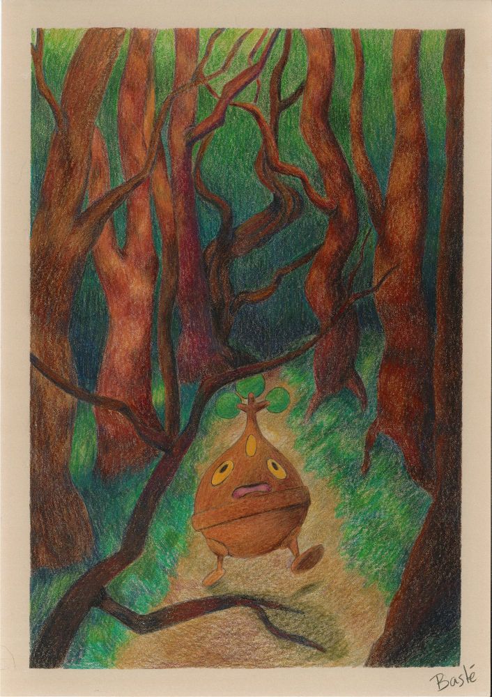 Illustration au Crayon de couleur du Pokémon manzai se promène dans une forêt sombre , il a peur et est perdu 