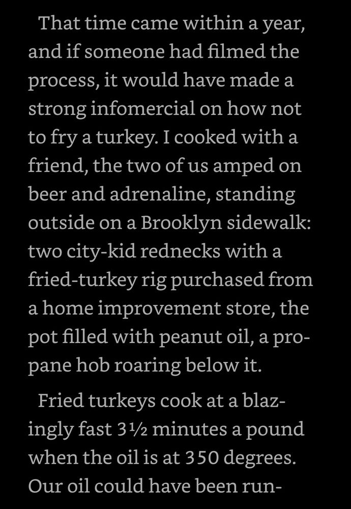 That time came within a year, and if someone had filmed the process, it would have made a strong infomercial on how not to fry a turkey. I cooked with a friend, the two of us amped on beer and adrenaline, standing outside on a Brooklyn sidewalk: two city-kid rednecks with a fried-turkey rig purchased from a home improvement store, the pot filled with peanut oil, a propane hob roaring below it. Fried turkeys cook at a blazingly fast 3½ minutes a pound when the oil is at 350 degrees. Our oil could have been running
