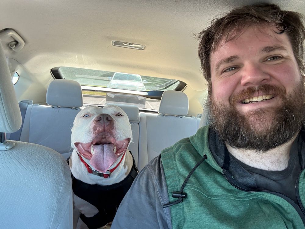 Me and my pittie Artemis sitting in the car after a good jaunt. Artie has the BIG pittie grin and panting. She had a blast!