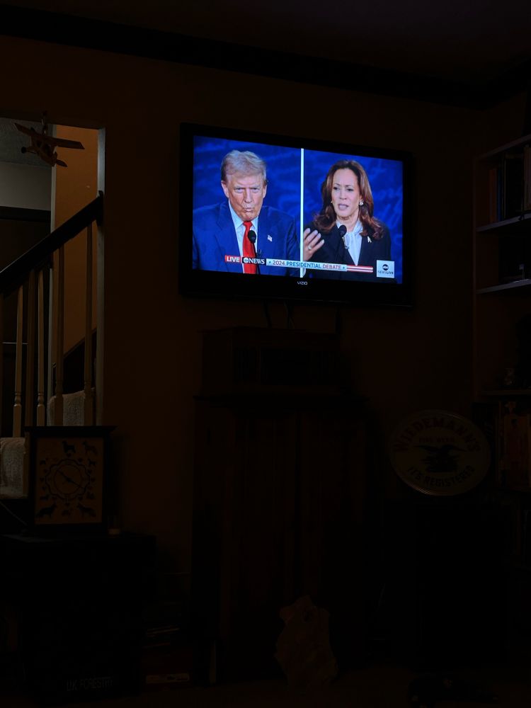 Vice President Harris gestures while former President Trump scowls on a TV screen during the 2024 Presidential debate.