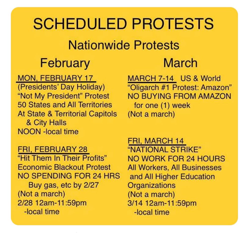 Image listing nationwide protests:
1) February 17th, noon, capitols and city halls
2) February 28th, all day, no spending blackout
3) March 7-14, no buying from Amazon
4) March 14, all day, no work blackout