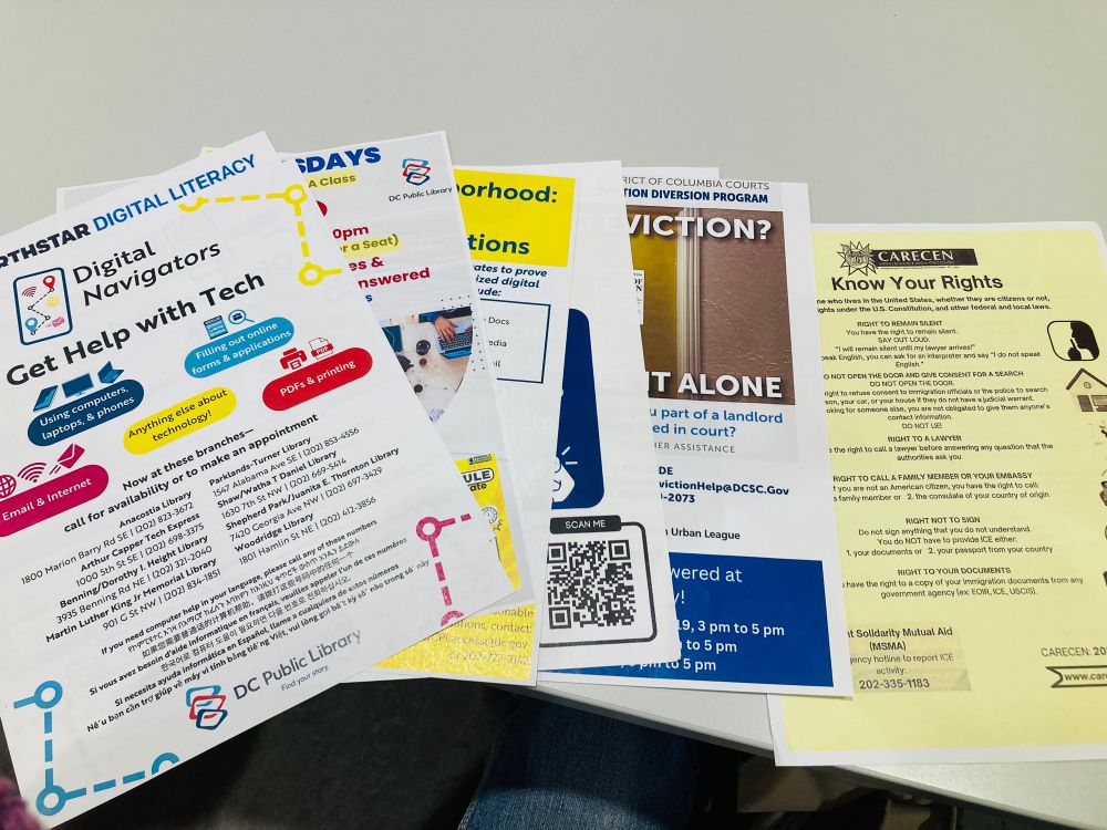 A smattering of help with tech, tech certification and other tech education flyers, plus eviction prevention and know your rights. 
