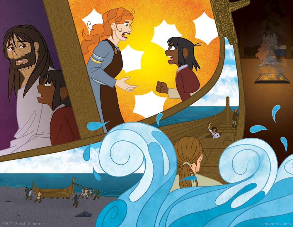 Two-page spread from my comic Thistil Mistil Kistil. It's a montage of different moments using a Viking ship and waves as framing devices.