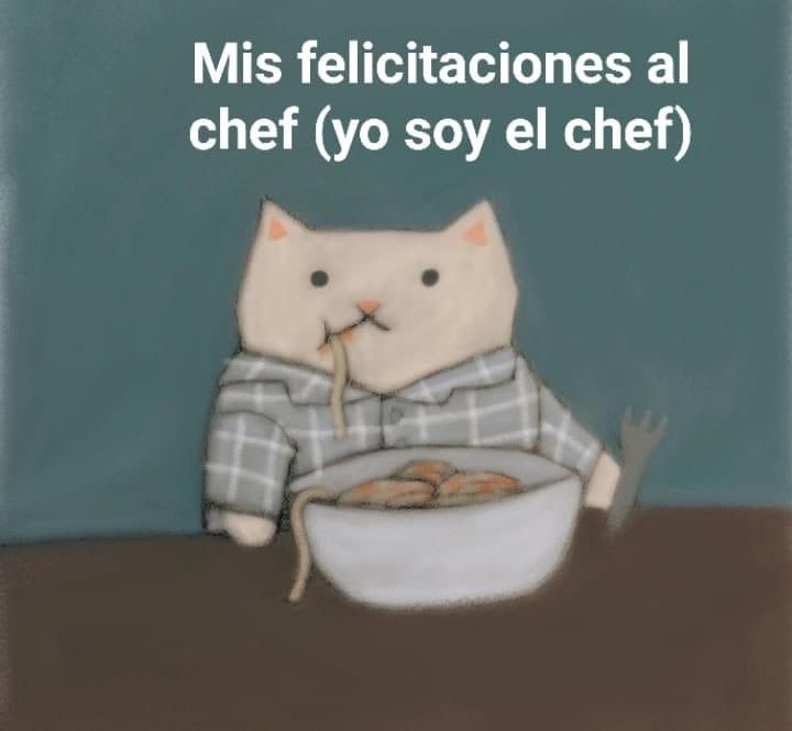 Es el meme de un gato comiendo espaguetis que dice: mis felicitaciones al chef (yo soy el chef)