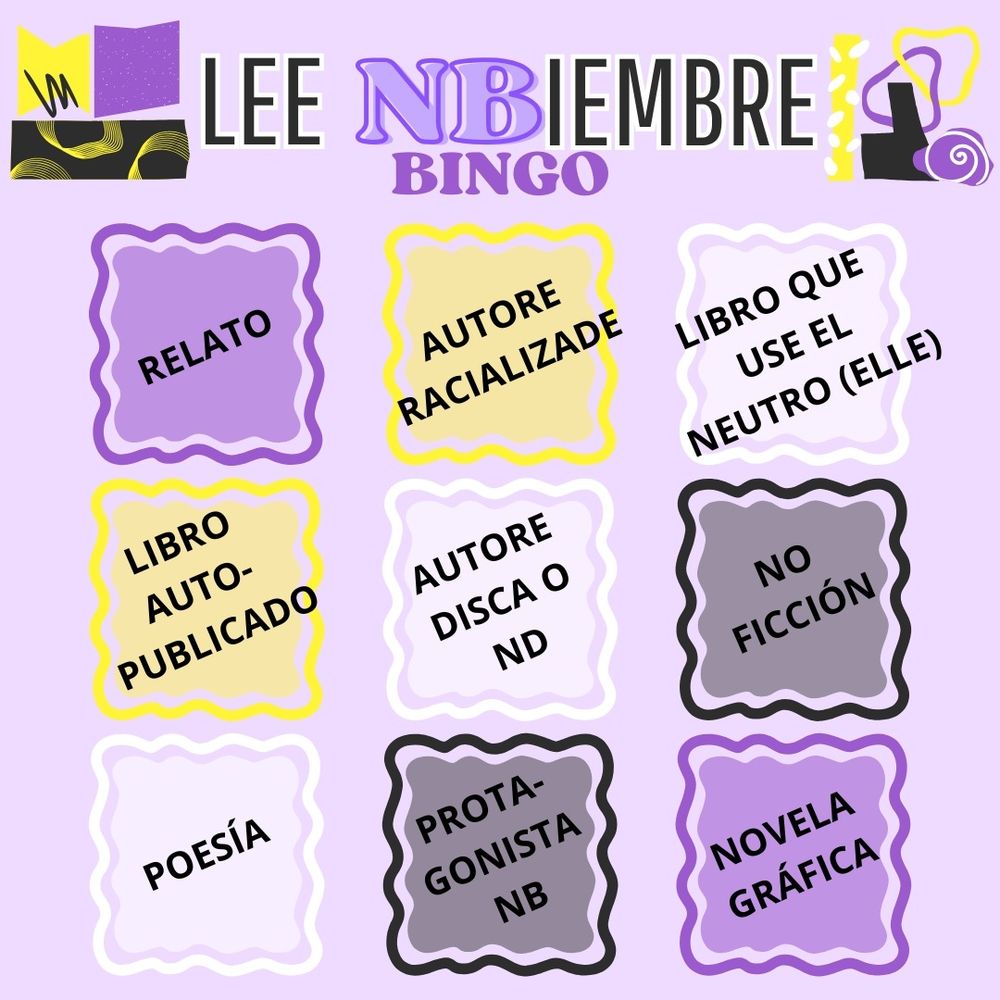 Es un bingo de libros para el NBbiembre. Las casillas tienen los colores de la bandera. La propuesta de libros es:
Relato
Autore racializade
Libro que use el neutro en elle
Libro autopublicado
Autore disca o neurodivergente
No ficción
Poesía
Protagonista NB
Novela gráfica