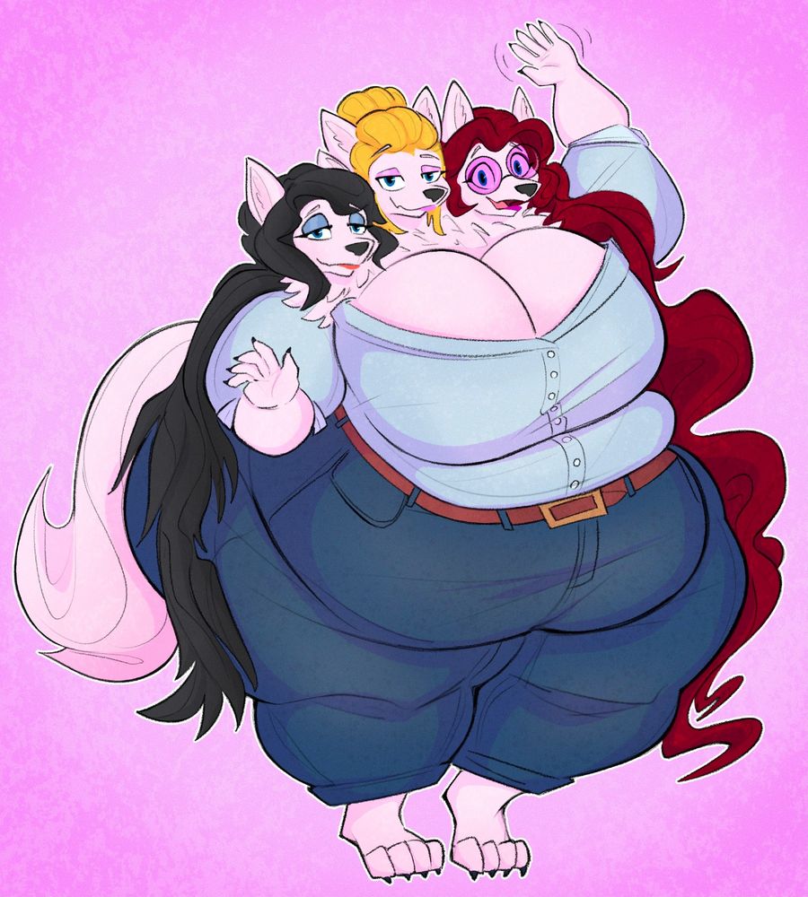 Tabrienna, a fat white furry Samoyed cerberus, merrily waves in greeting at the viewer.