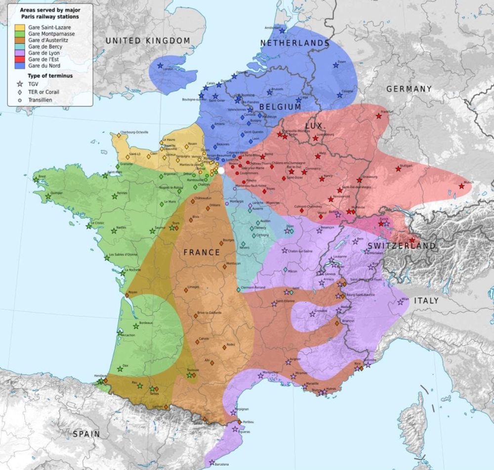 Map of France highlighted by areas served by each one of Paris’s major train stations.