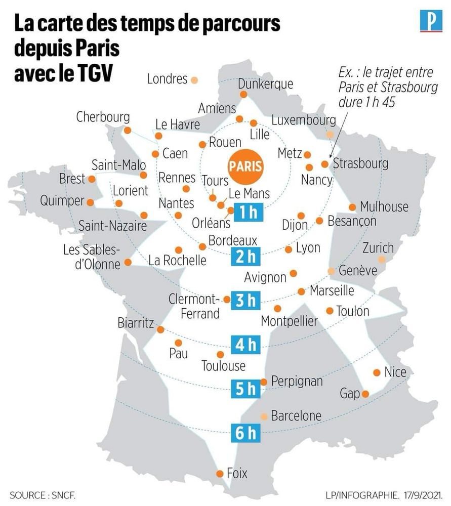 Map of France showing travel time to Paris via TGV trains