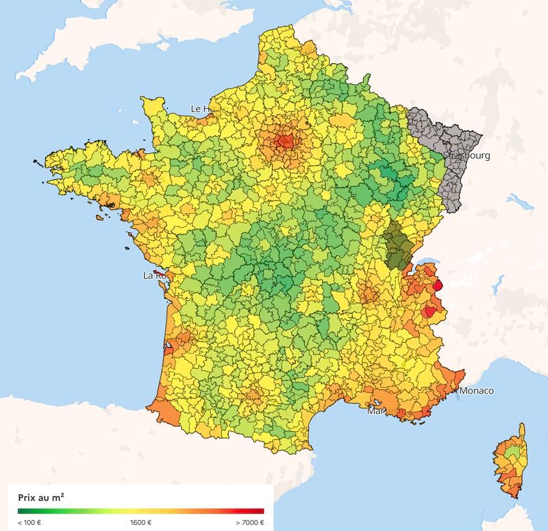 Map of France color coded to show average price per square meter.