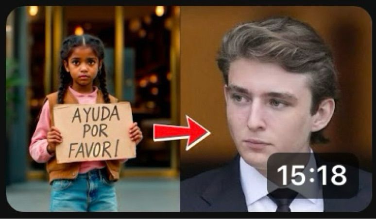 Screenshot of a thumbnail for a YouTube video which narrates a fictional story of Barron Trump helping to life a young girl out of poverty