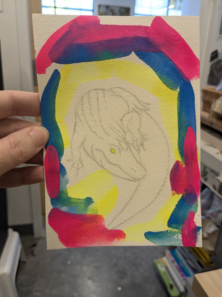 Gator drawing with neon watercolor aura.